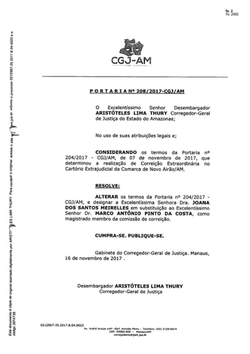 Portaria nº208/2017-CGJ/AM (Altera a Portaria nº 204/2017-CGJ/AM e designa a Exma. Dra. Joana dos Santos Meirelles para substituir o Exmo. Marco Antonio Pinto da Costa)