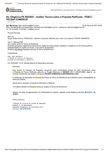 PREGÃO ELETRÔNICO Nº 002/2021 – DILIGÊNCIA CPL À DIVISÃO DE PATRIMÔNIO E MATERIAL - PROPOSTA RETIFICADA - ITEM 2 - TECZAP COMERCIO