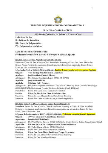 Pauta de Julgamento de 17. 05 .2021 da 1ª.C.Cível