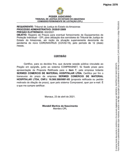 PREGÃO ELETRÔNICO Nº 002/2021 - CERTIDÃO DECURSO DE PRAZO - ITEM 7 - SERMED