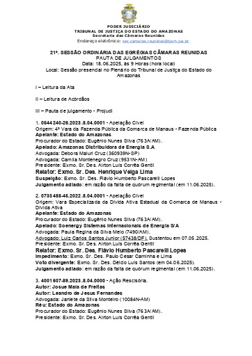 21ª Sessão ordinária de julgamento das E. Câmaras Reunidas - 18.06.2025, às 9 Horas (hora local)