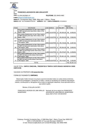 PREGÃO ELETRÔNICO Nº 032/2021 - PROPOSTA RETIFICADA 3 - ITENS 1,3,4,6,11,14,15 - FRANCISCO