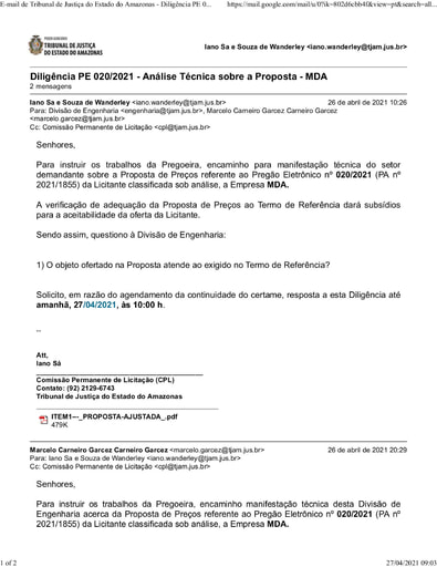 PREGÃO ELETRÔNICO Nº 020/2021 - DILIGÊNCIA CPL À DIVISÃO DE ENGENHARIA - PROPOSTA - MDA