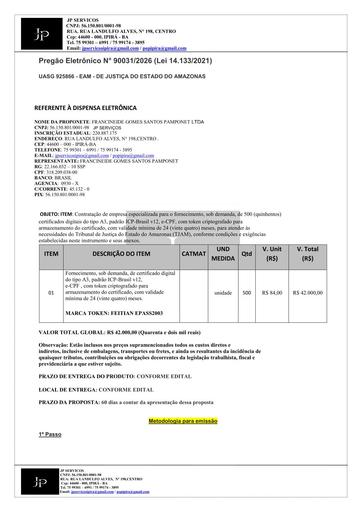 PREGÃO ELETRÔNICO Nº 031/2026 - PROPOSTA RETIFICADA - FRANCINEIDE GOMES SANTOS PAMPONET LTDA