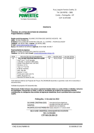 PREGÃO ELETRÔNICO Nº 022/2022 - PROPOSTA - POWER TECNOLOGIA