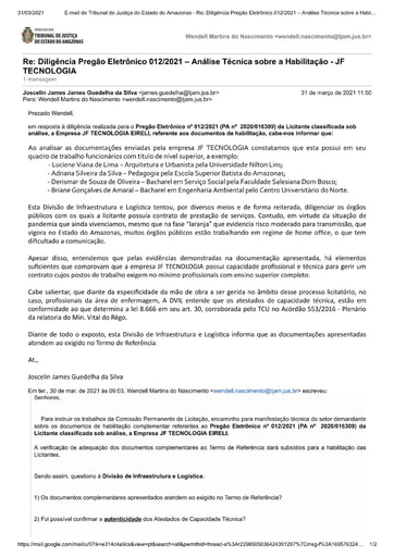 PREGÃO ELETRÔNICO Nº 012/2021 – DILIGÊNCIA CPL À DIVISÃO DE INFRAESTRUTURA E LOGÍSTICA - DOCUMENTAÇÃO - JF TECNOLOGIA