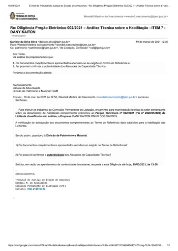 PREGÃO ELETRÔNICO Nº 002/20201 – DILIGÊNCIA CPL À DIVISÃO DE PATRIMÔNIO E MATERIAL - DOCUMENTAÇÃO - ITEM 7 - DANY KAITON