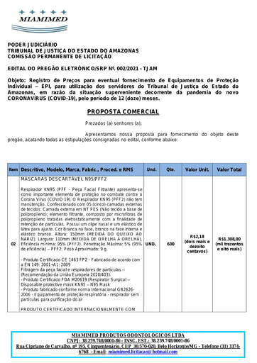 PREGÃO ELETRÔNICO Nº 002/2021 - PROPOSTA RETIFICADA - ITEM 2 - MIAMIMED PRODUTOS