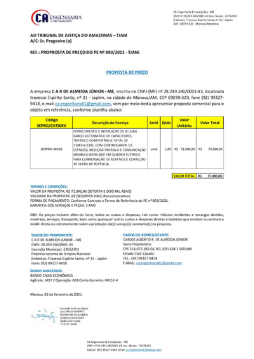 PREGÃO ELETRÔNICO Nº 003/2021 - PROPOSTA - C A R DE ALMEIDA