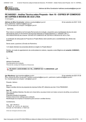 PREGÃO ELETRÔNICO Nº 045/2021 – DILIGÊNCIA COLIC À DIVISÃO DE PATRIMÔNIO - PROPOSTA ITEM 10 - COFRES