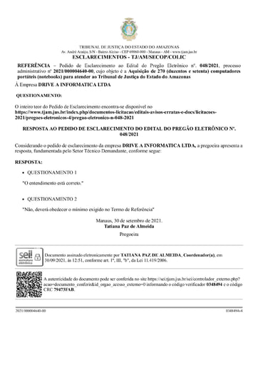 PREGÃO ELETRÔNICO Nº 48/2021 - RESPOSTA AO PEDIDO DE ESCLARECIMENTO - DRIVE A