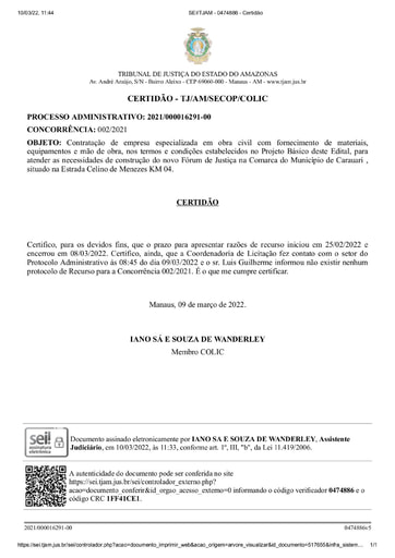 CONCORRÊNCIA Nº 002/2021 - CERTIDÃO RECURSO NÃO APRESENTADO