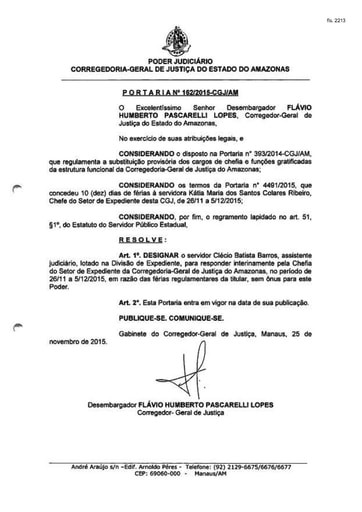 Portaria nº162/2015-CGJ/AM (Designar o servidor Clécio Batista  Barros para responder interinamente pelo Setor de Expediente da CGJ/AM)