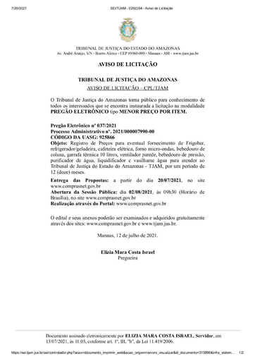 PREGÃO ELETRÔNICO Nº 037/2021 - AVISO DE LICITAÇÃO