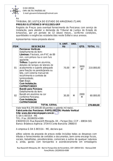 PREGÃO ELETRÔNICO Nº 011/2021 - DOCUMENTOS ENVIADOS EM DILIGÊNCIA - G DA S BESSA