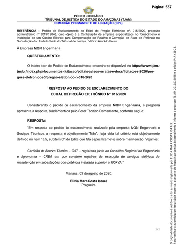 PREGÃO ELETRÔNICO Nº 016/2020 - RESPOSTA AO PEDIDO DE ESCLARECIMENTO - MQN ENGENHARIA