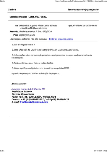 PREGÃO ELETRÔNICO Nº 023/2020 - PEDIDO DE ESCLARECIMENTO -  SUPERZON CEARA