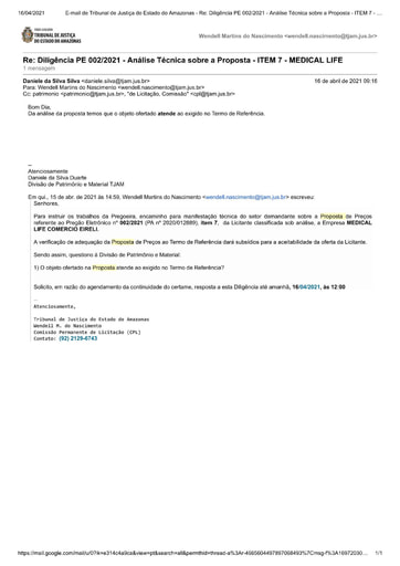 PREGÃO ELETRÔNICO Nº 002/2021 – DILIGÊNCIA CPL À DIVISÃO DE PATRIMÔNIO E MATERIAL - PROPOSTA  -  ITEM 7 - MEDICAL LIFE