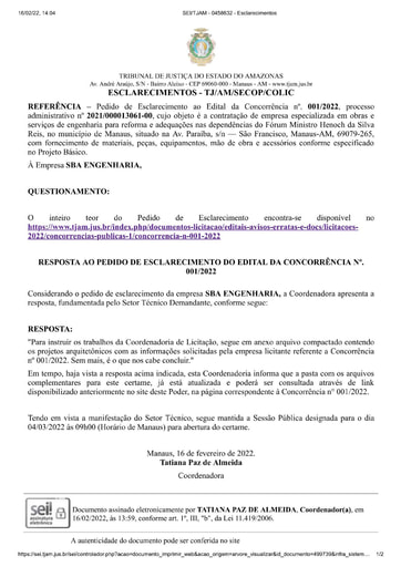 CONCORRÊNCIA Nº 001/2022 - RESPOSTA AO PEDIDO DE ESCLARECIMENTO - SBA