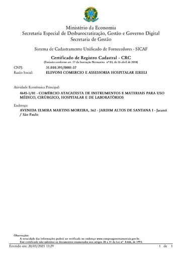 PREGÃO ELETRÔNICO Nº 002/2021 - HABILITAÇÃO - SICAF E CNDT - ITEM 7 - ELEVONI