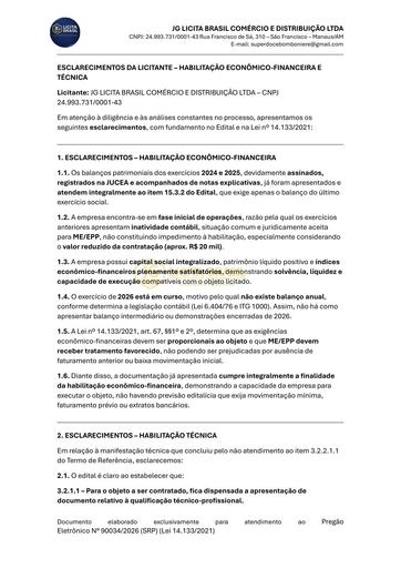 PREGÃO ELETRÔNICO Nº 034/2026 - DOCUMENTAÇÃO ENVIADA EM DILIGÊNCIA - JG LICITA - G3