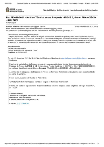 PREGÃO ELETRÔNICO Nº 46/2021 - DILIGÊNCIA COLIC À DIVISÃO DE PATRIMÔNIO - ITENS 5, 6 E 9 - FRANCISCO