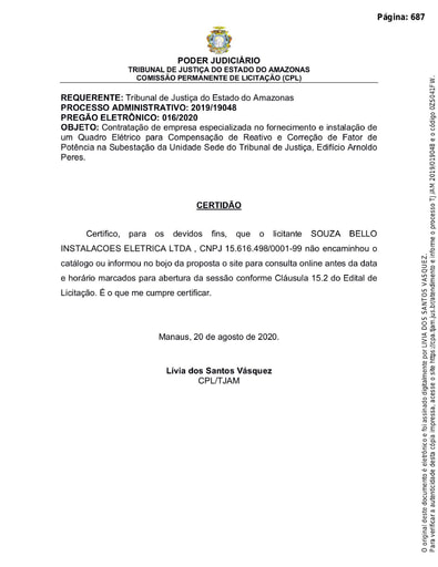 PREGÃO ELETRÔNICO Nº 016/2020 - CERTIDÃO - SOUZA BELLO