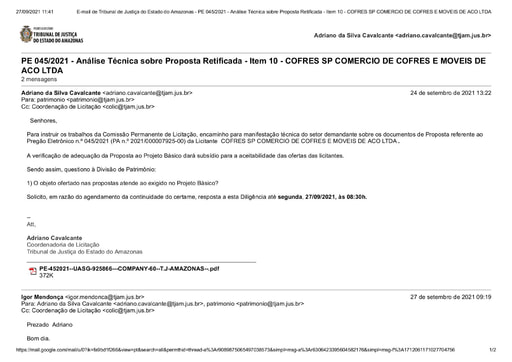 PREGÃO ELETRÔNICO Nº 045/2021 – DILIGÊNCIA COLIC À DIVISÃO DE PATRIMÔNIO - PROPOSTA RETIFICADA ITEM 10 - COFRES