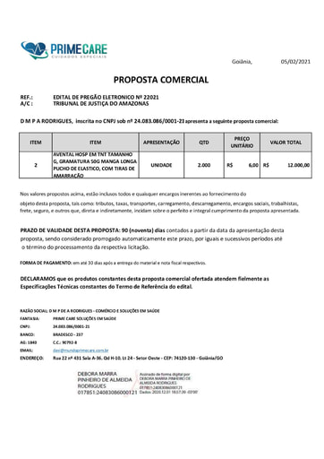 PREGÃO ELETRÔNICO Nº 002/2021 – PROPOSTA RETIFICADA  - ITEM 7 - D M P DE A RODRIGUES