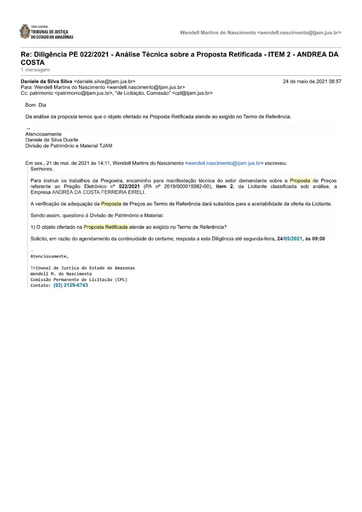 PREGÃO ELETRÔNICO Nº 022/2021 – DILIGÊNCIA CPL À DIVISÃO DE PATRIMÔNIO - PROPOSTA RETIFICADA - ITEM 2 - ANDREA DA COSTA