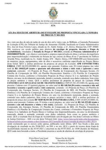 TOMADA DE PREÇOS Nº 001/2021 - ATA DA SESSÃO 21/06/2021 - ABERTURA DO ENVELOPE DE PROPOSTA