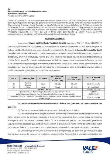 PREGÃO ELETRÔNICO Nº 021/2022 - PROPOSTA - TRIVALE