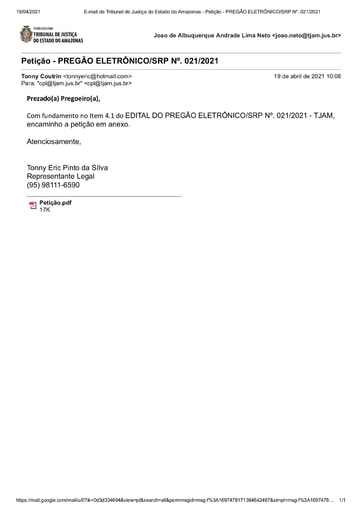 PREGÃO ELETRÔNICO Nº 021/2021 - PEDIDO DE ESCLARECIMENTO - TONNY COUTRIN