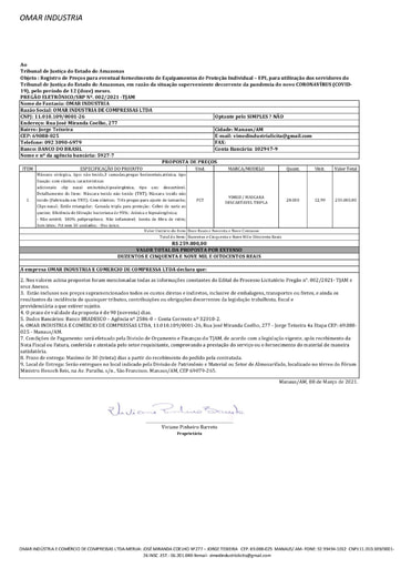 PREGÃO ELETRÔNICO Nº 002/2021 - PROPOSTA RETIFICADA - ITEM 1 -VIMED INDUSTRIA