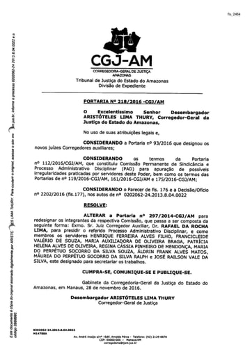 Portaria nº218/2016-CGJ/AM (Altera a Portaria nº 267/2014-CGJ/AM para redesignar os integrantes da Comissão)