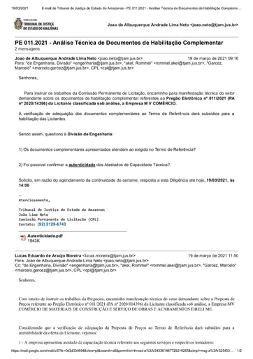 PREGÃO ELETRÔNICO Nº 011/2021 - DILIGÊNCIA CPL À DIVISÃO DE ENGENHARIA - DOCUMENTOS COMPLEMENTARES - M V COMÉRCIO