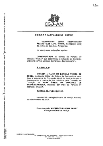 Portaria nº212/2017-CGJ/AM ( Inclui a Major PM Daniele Vieira de Souza para fazer a segurança do Corregedor-Geral de Justiça)