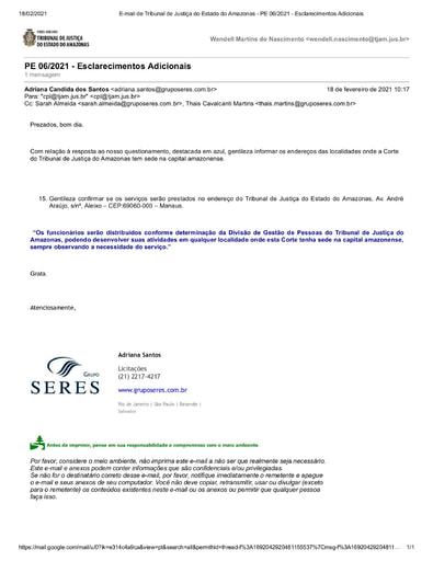 PREGÃO ELETRÔNICO Nº 006/2021 - PEDIDO DE ESCLARECIMENTO - GRUPO SERES
