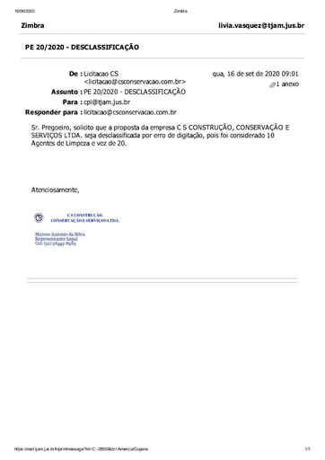 PREGÃO ELETRÔNICO Nº 020/2020 - E-MAIL - C S CONSTRUÇÃO