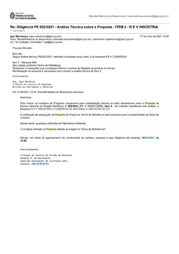 PREGÃO ELETRÔNICO Nº 002/2021 – DILIGÊNCIA CPL À DIVISÃO DE PATRIMÔNIO - PROPOSTA - ITEM 2 - R E V INDÚSTRIA