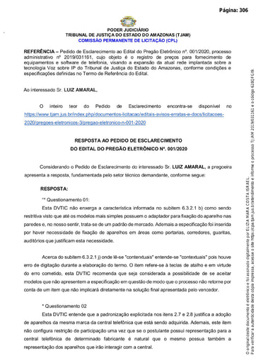 PREGÃO ELETRÔNICO Nº 001/2020 - RESPOSTA AO PEDIDO DE ESCLARECIMENTO - LUIZ AMARAL
