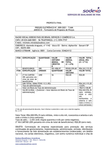 PREGÃO ELETRÔNICO Nº 009/2021 - PROPOSTA - SODEXO