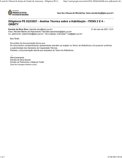 PREGÃO ELETRÔNICO Nº 022/2021 - DILIGÊNCIA CPL À DIVISÃO DE PATRIMÔNIO - DOCUMENTOS COMPLEMENTARES - ITENS 2 E 4 - ORBITY