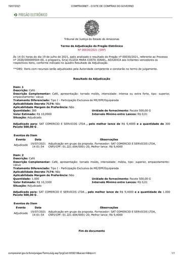 PREGÃO ELETRÔNICO Nº 030/2021 - TERMO DE ADJUDICAÇÃO