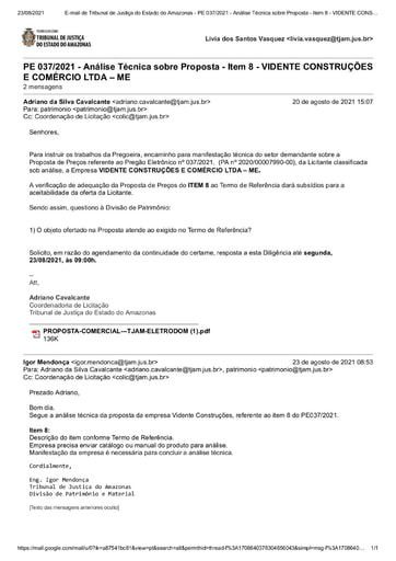 PREGÃO ELETRÔNICO Nº 037/2021 – DILIGÊNCIA CPL À DIVISÃO DE PATRIMÔNIO - PROPOSTA - ITEM 8 - VIDENTE