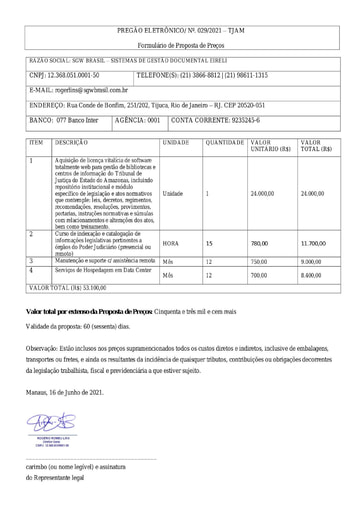 PREGÃO ELETRÔNICO Nº 029/2021 - PROPOSTA RETIFICADA 2 - SGW BRASIL
