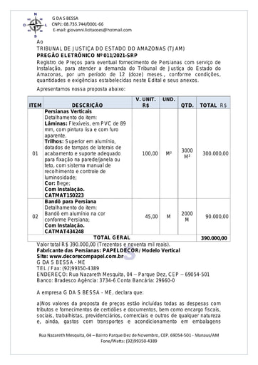 PREGÃO ELETRÔNICO Nº 011/2021 – PROPOSTA - G DA S BESSA
