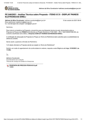 PREGÃO ELETRÔNICO Nº 46/2021 - DILIGÊNCIA COLIC À DIVISÃO DE PATRIMÔNIO - PROPOSTA - ITENS 6 E 8 - DISPLAY