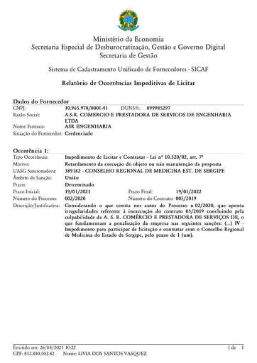 PREGÃO ELETRÔNICO Nº 020/2021 - IMPEDIMENTO - A S R