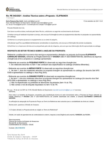 PREGÃO ELETRÔNICO Nº 043/2021 – DILIGÊNCIA COLIC À DIVISÃO DE COMPRAS - PROPOSTA - ELIFRANCK